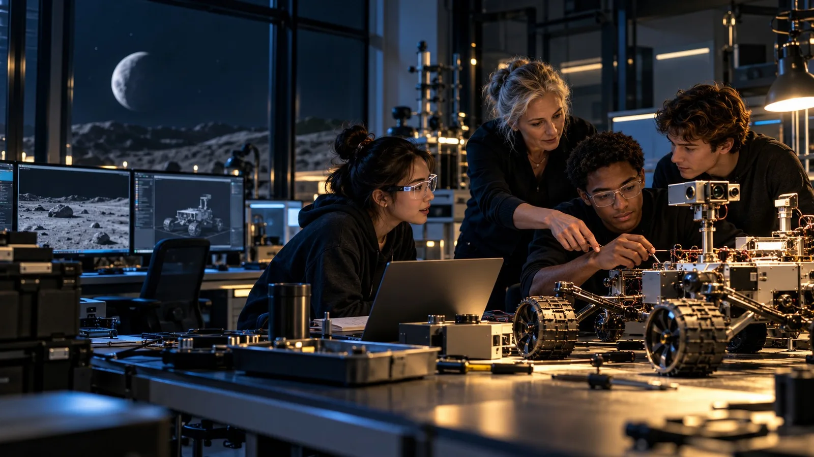 Mentor and students exploring a rover mission in a learning laboratory