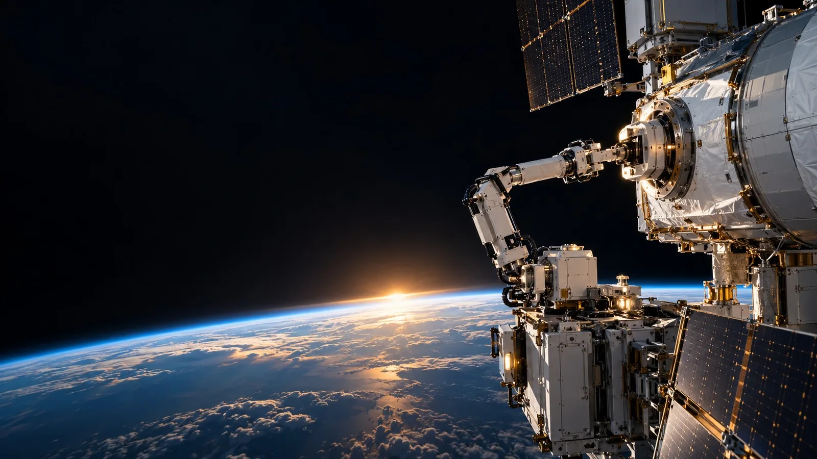 Robotic servicing beside an orbital spacecraft above Earth — concept visualization