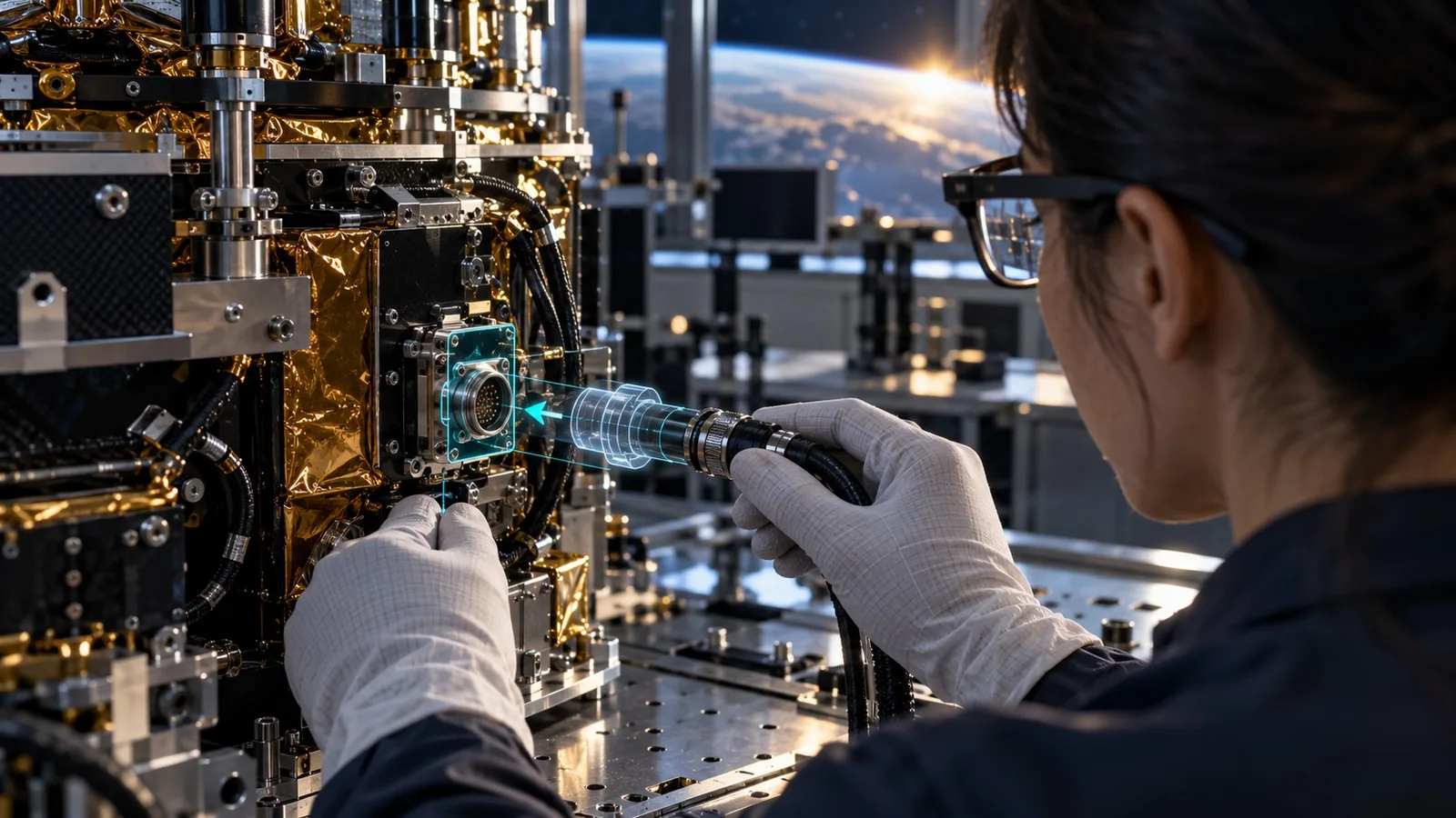 Technician wearing slim spatial glasses with cyan connector alignment guidance